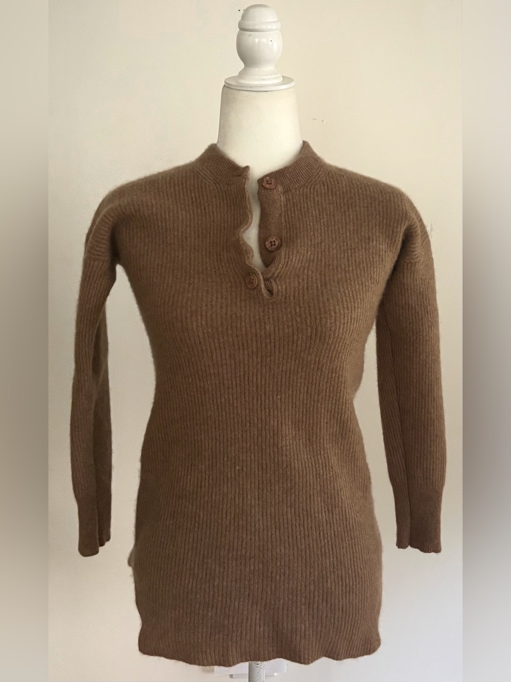 360 Cashmere Ribbed Henley Sweater Tunic Top Camel Brown Size Small